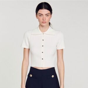Sandro Paris Fynn White Ribbed Button-Down Shirt